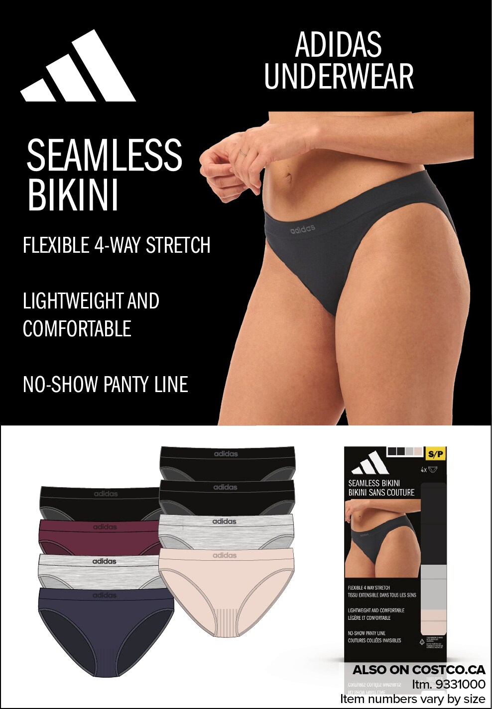 Ad for Adidas seamless bikini underwear, featuring a close-up of the product, with additional styles displayed below