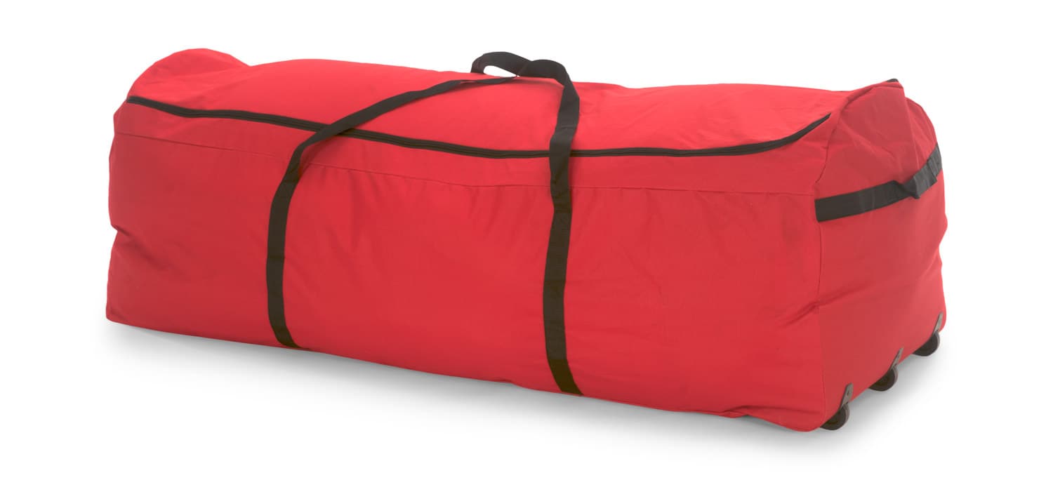 Red duffel bag with black straps and wheels on a white background