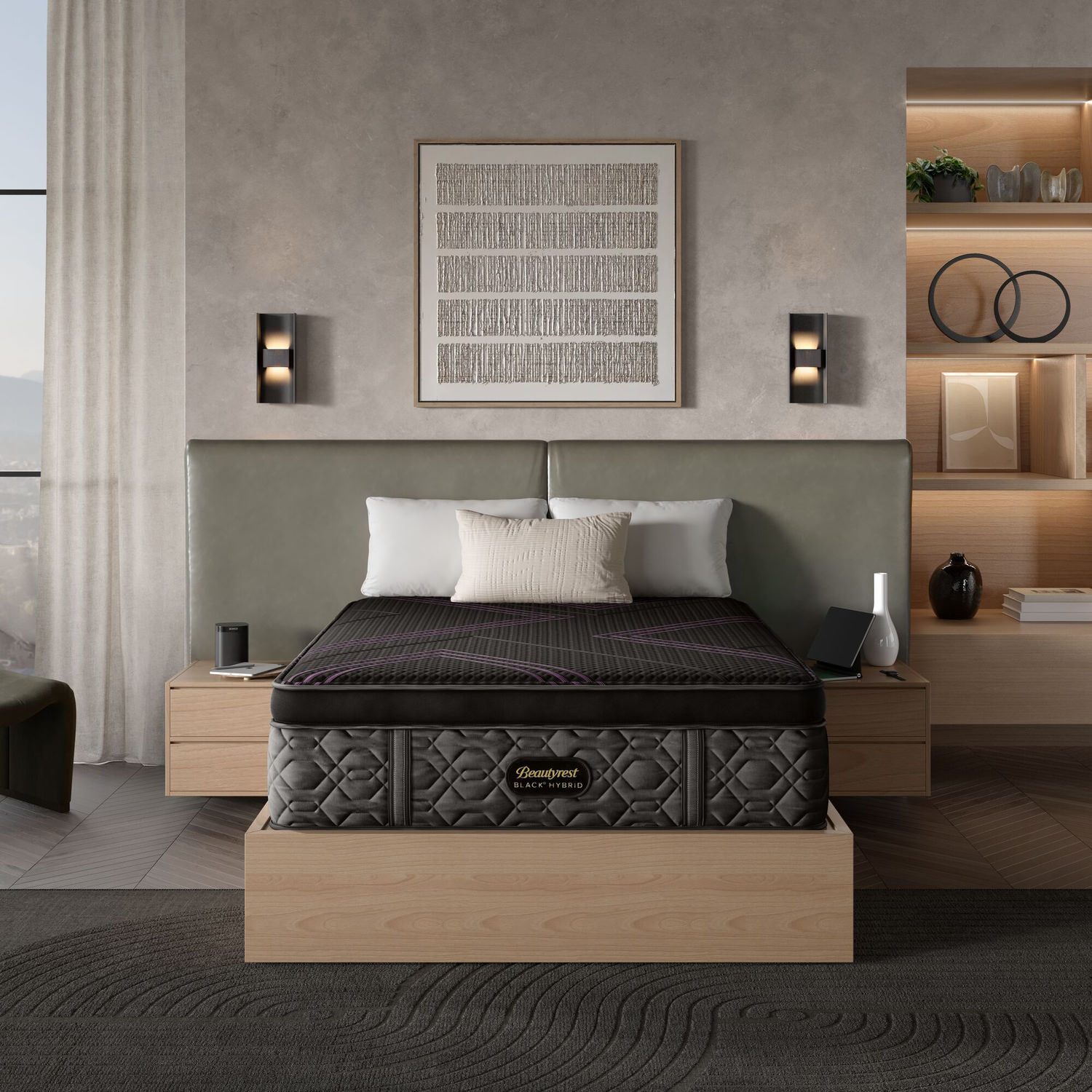 Modern bedroom with a large bed, wooden nightstands, and ambient lighting