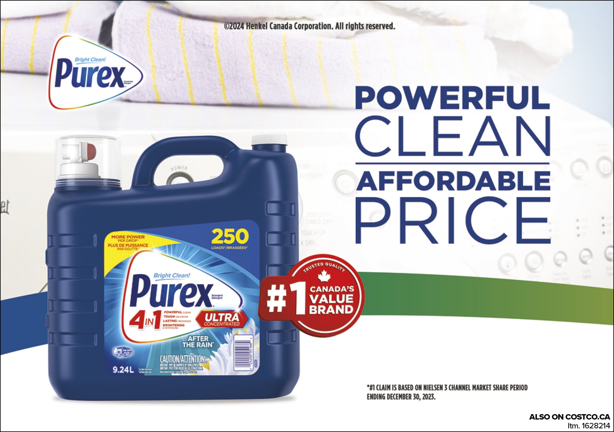 Ad for Purex laundry detergent, emphasizing powerful clean and affordability