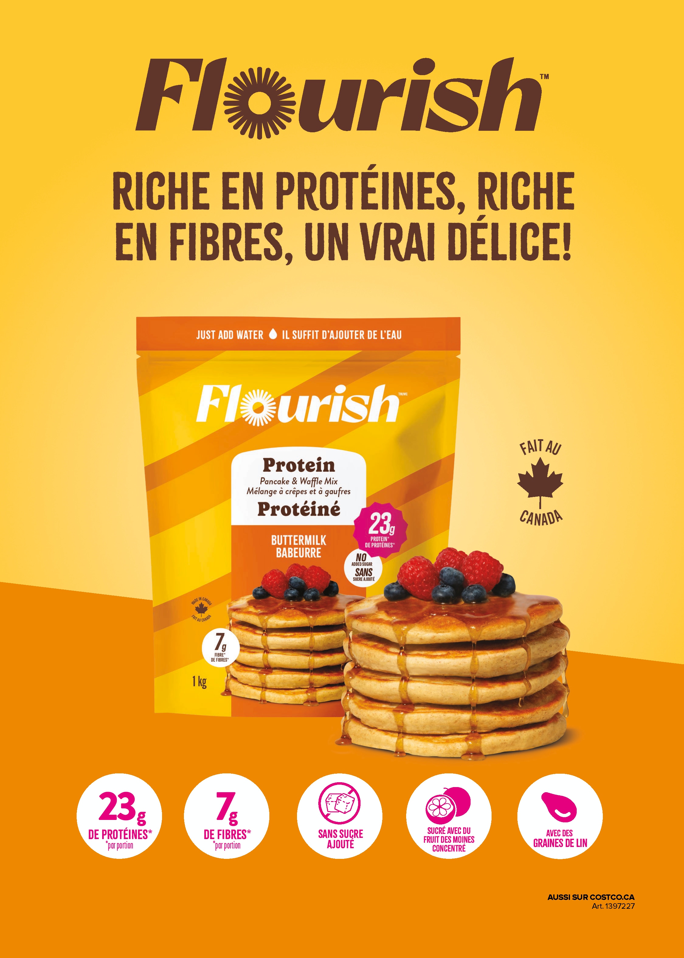 Publicité pour la préparation à pancakes Flourish, riche en protéines et fibres, présentée avec des pancakes aux fruits