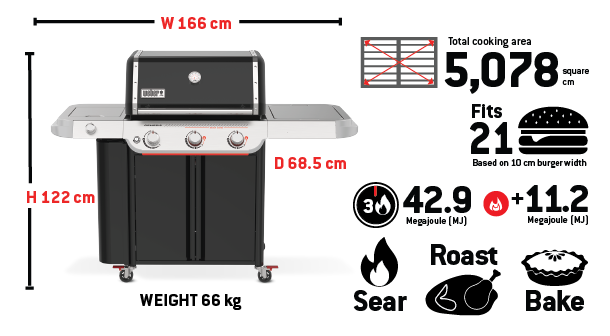 Illustration of a gas grill with parts labeled; side burner marked with a red "X