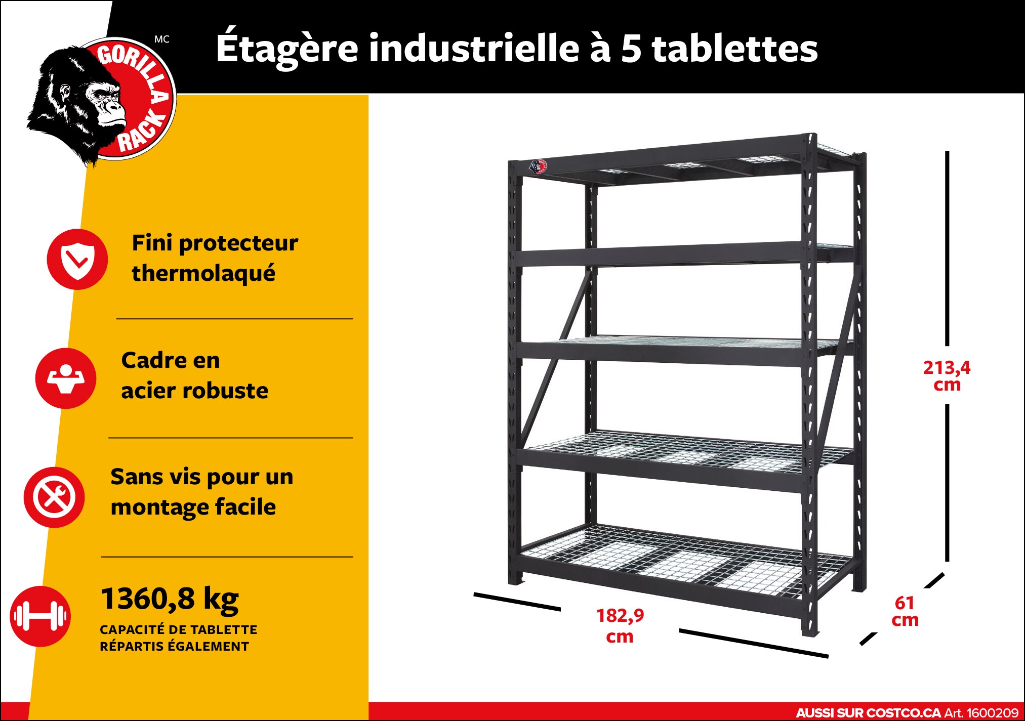 Publicité pour une étagère industrielle à 5 tablettes, finition thermolaquée, montage facile, capacité de 1360,8 kg