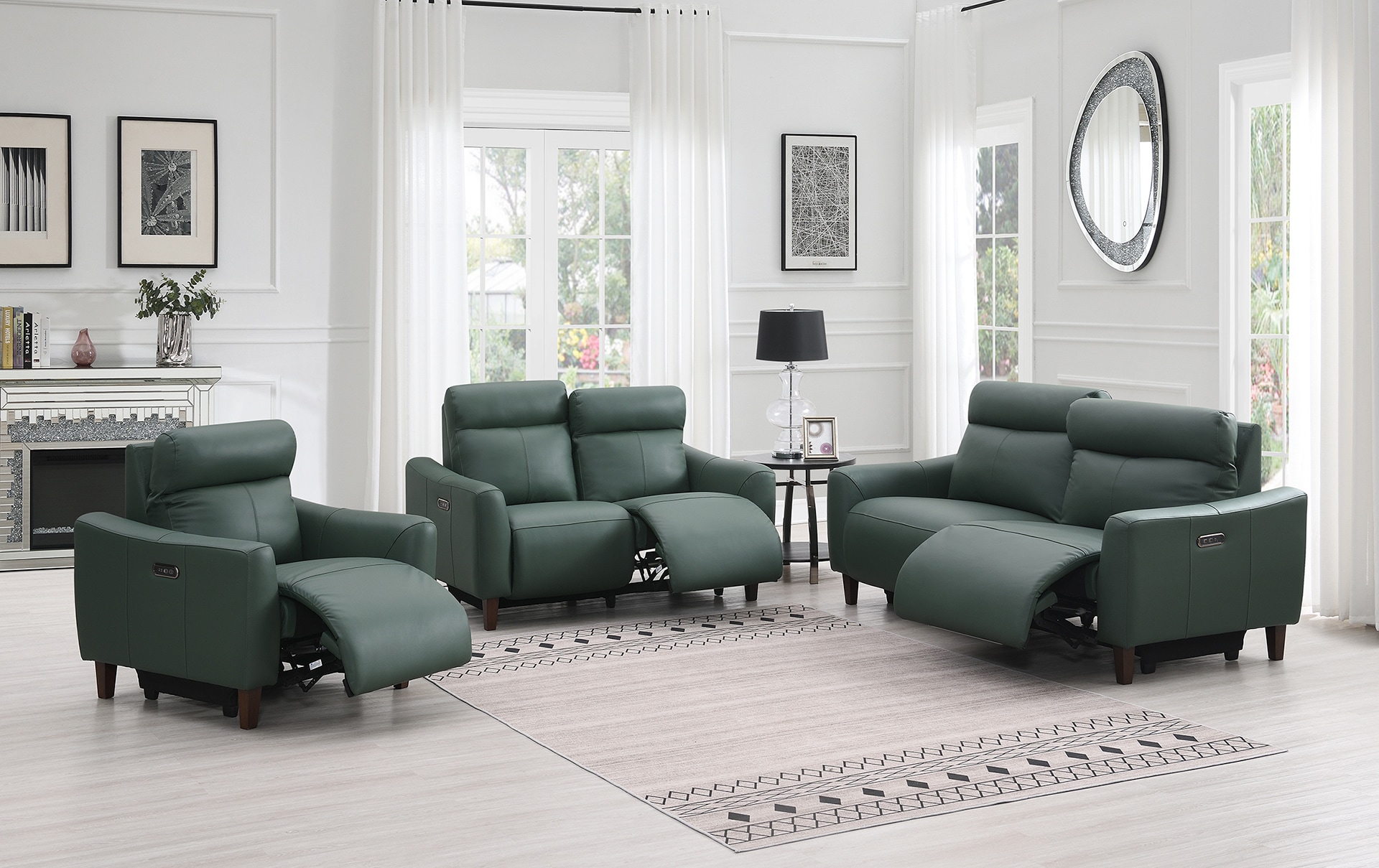 Modern living room with teal sofas and armchair, white interiors and decor