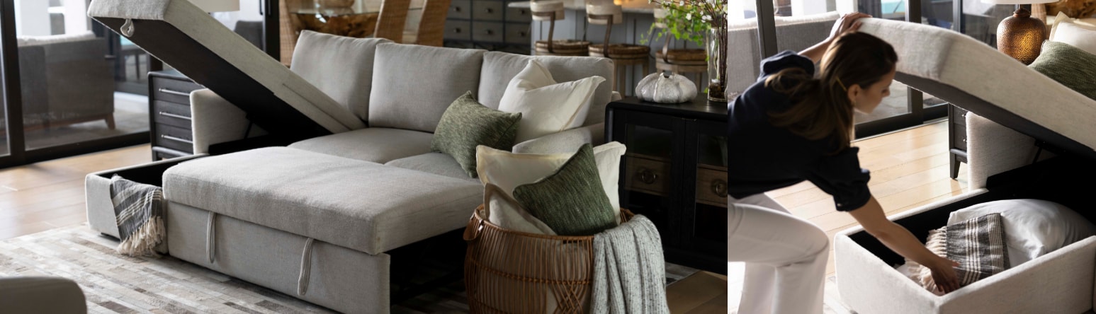 A triptych image showing a stylish sofa transforming into a hidden storage unit with a person tucking items inside