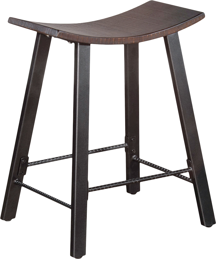 Wooden stool with a curved seat and black metal legs
