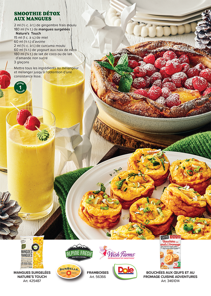 Publicité pour recettes et produits alimentaires incluant tarte aux fruits, smoothies et quiches avec logos de marques