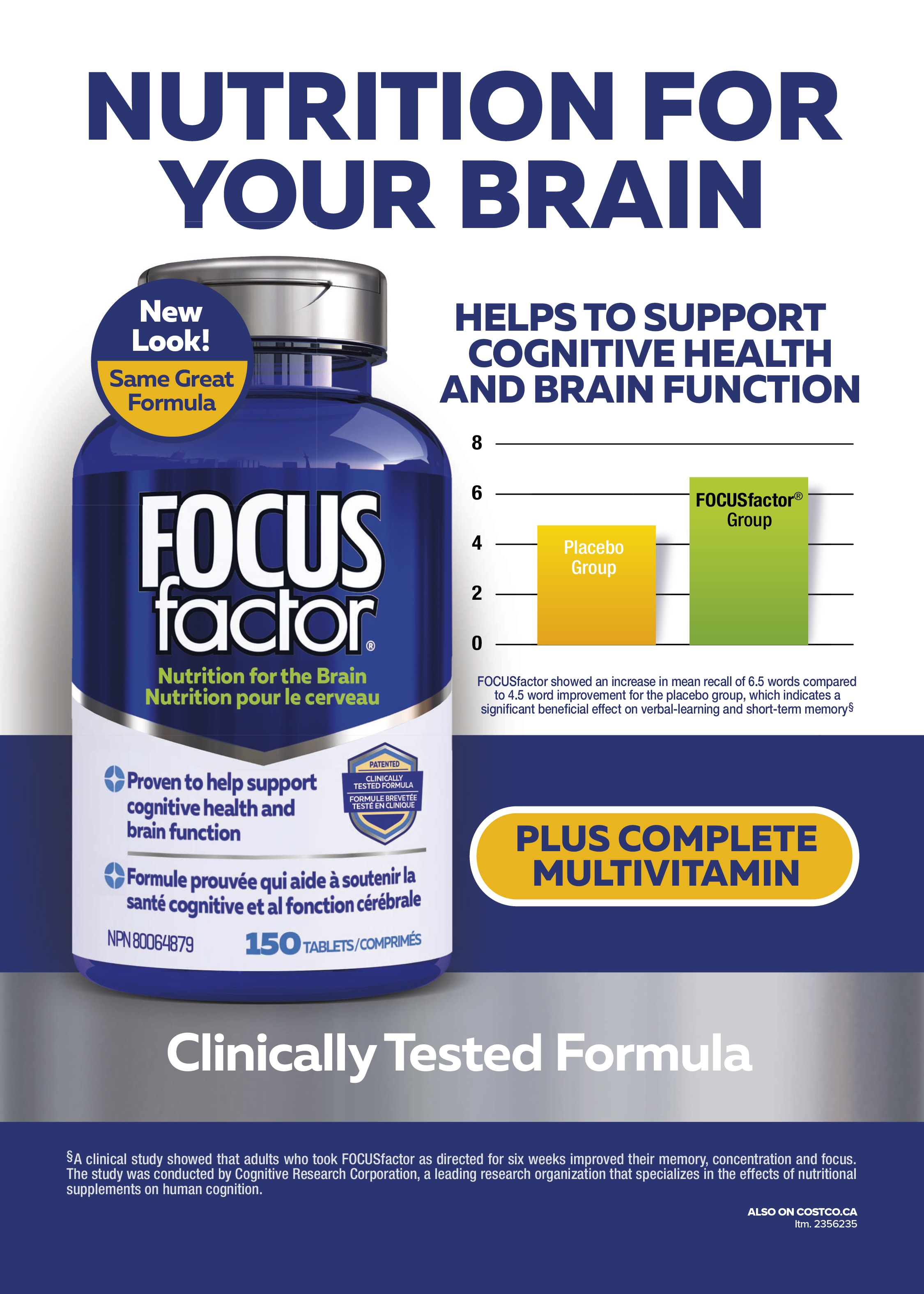 Ad for Focus Factor supplements, highlighting brain health benefits and new formula, with packaging and charts