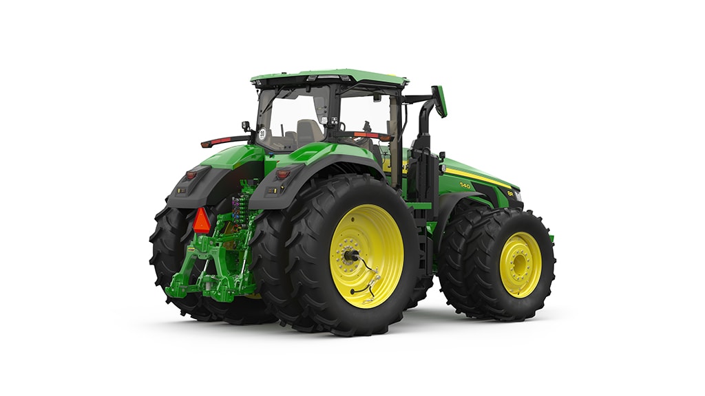 Green and yellow tractor facing front, isolated on white background