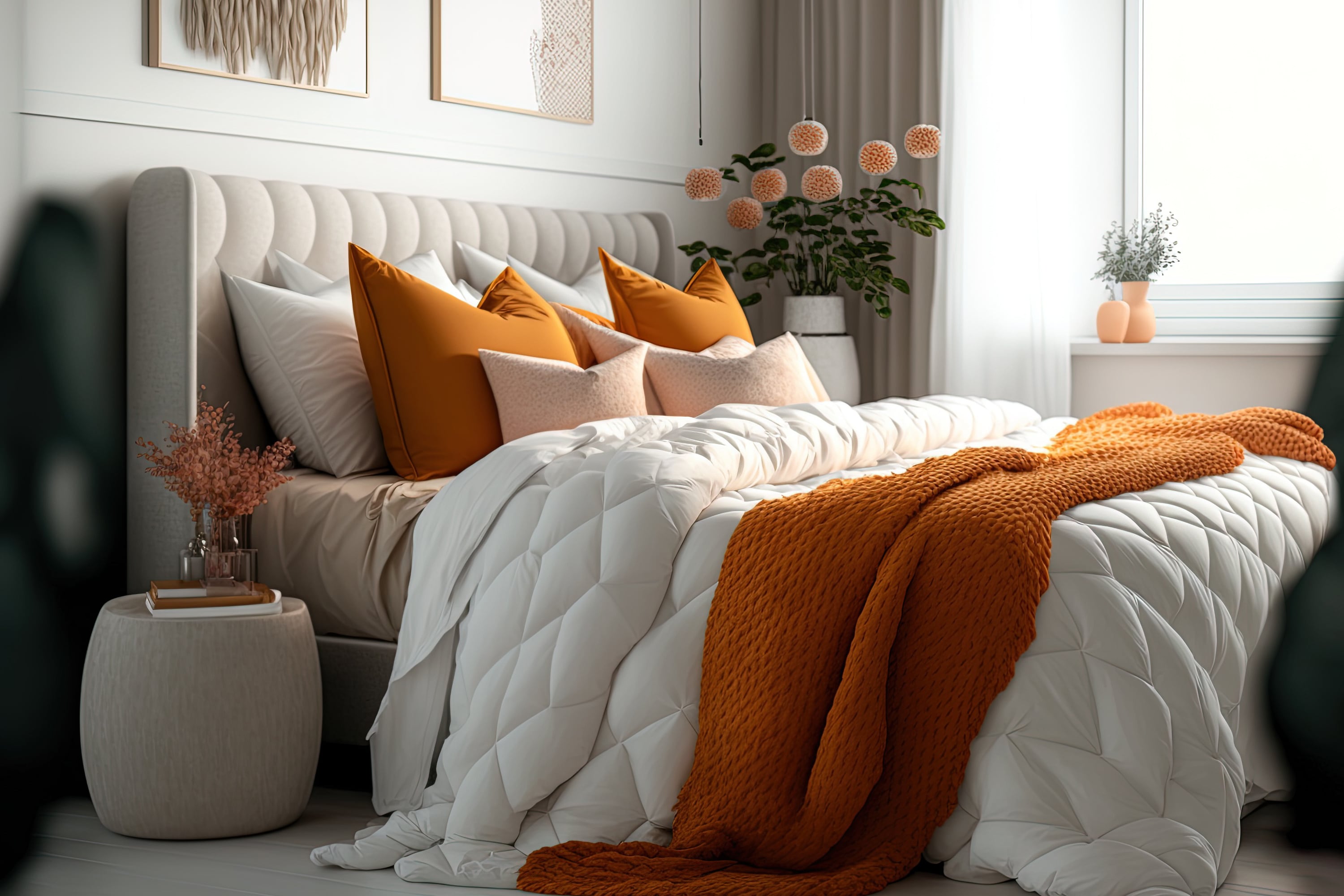 Cozy bedroom with white and orange bedding, plush pillows, and floral accents by the window