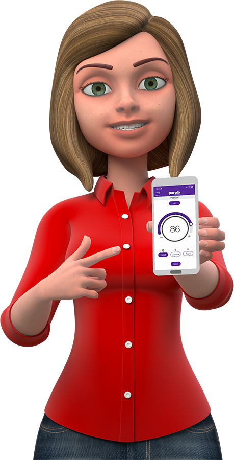 Ali pointing at a smartphone showing the Purple adjustable base app