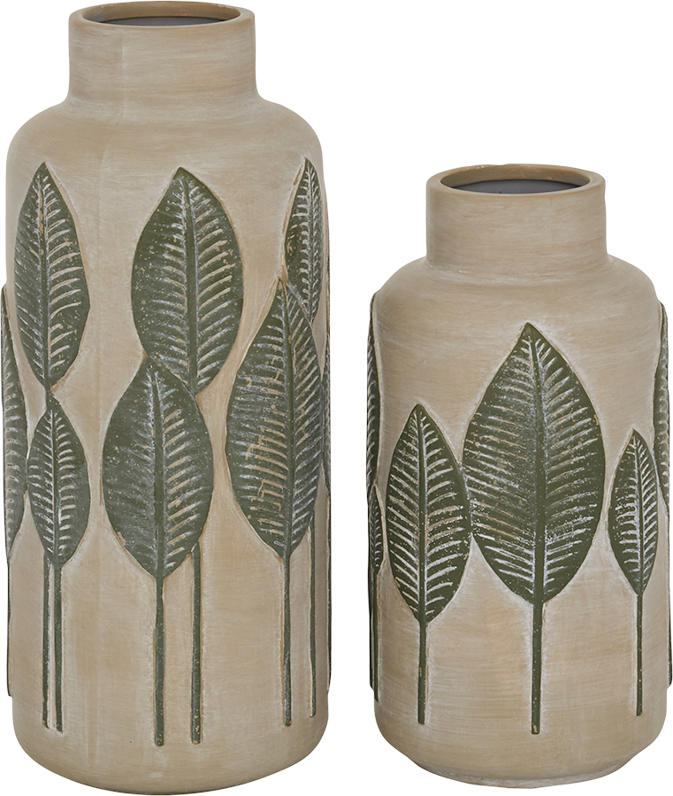 Two beige vases with green leaf patterns, one tall and one short