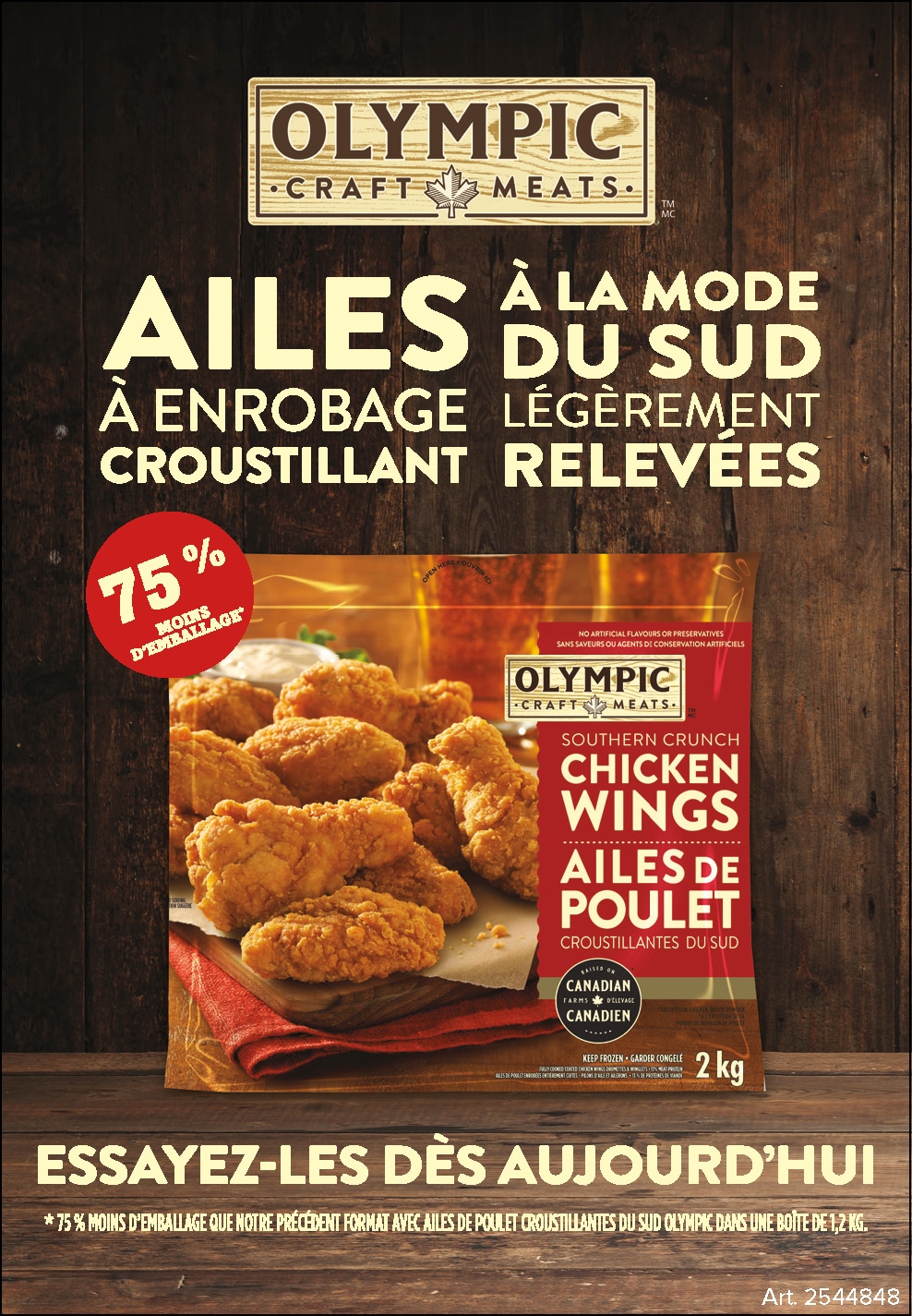 Publicité pour des ailes de poulet d'Olympic Craft Meats avec enrobage croustillant, le paquet indique "Essayez-les dès aujourd'hui"