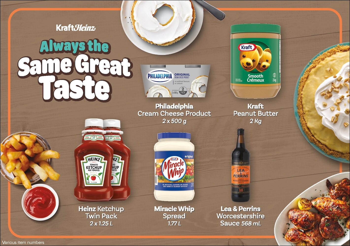 Ad for KraftHeinz products including cheese, peanut butter, and sauces, with the tagline "Always the Same Great Taste