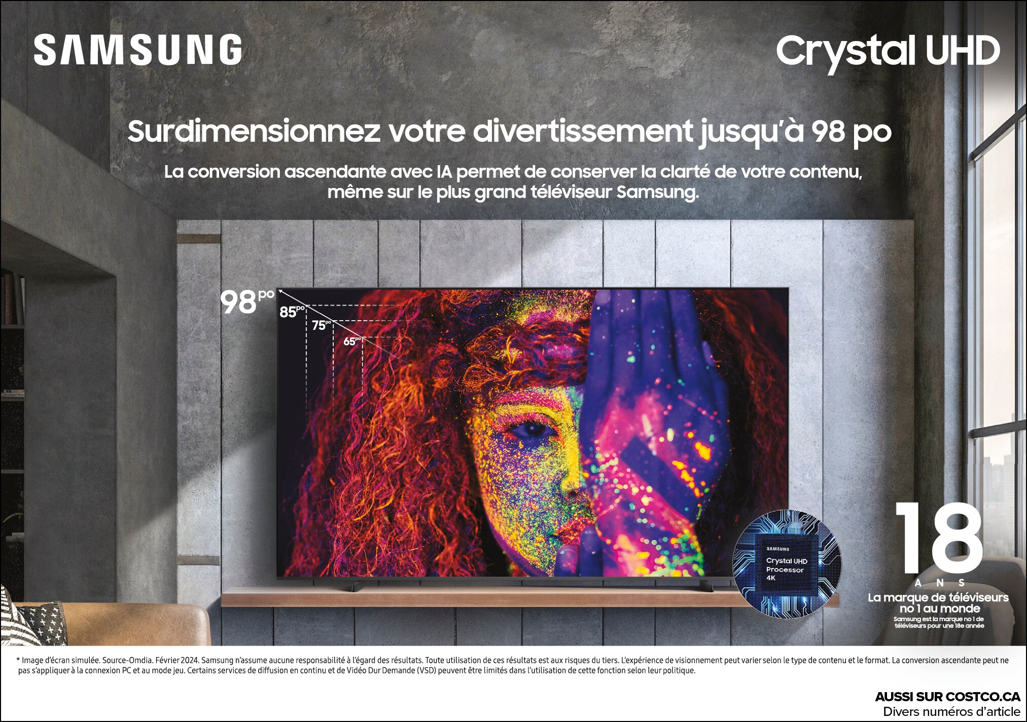 Publicité pour téléviseur Samsung Crystal UHD de 98 pouces dans un salon moderne