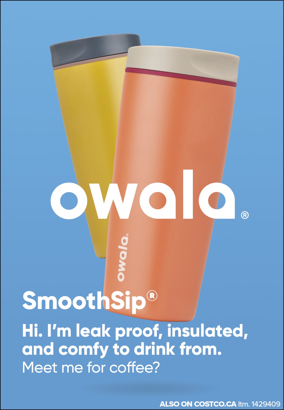 Ad for Owala SmoothSip insulated tumblers, highlighting leak-proof and comfortable drinking features