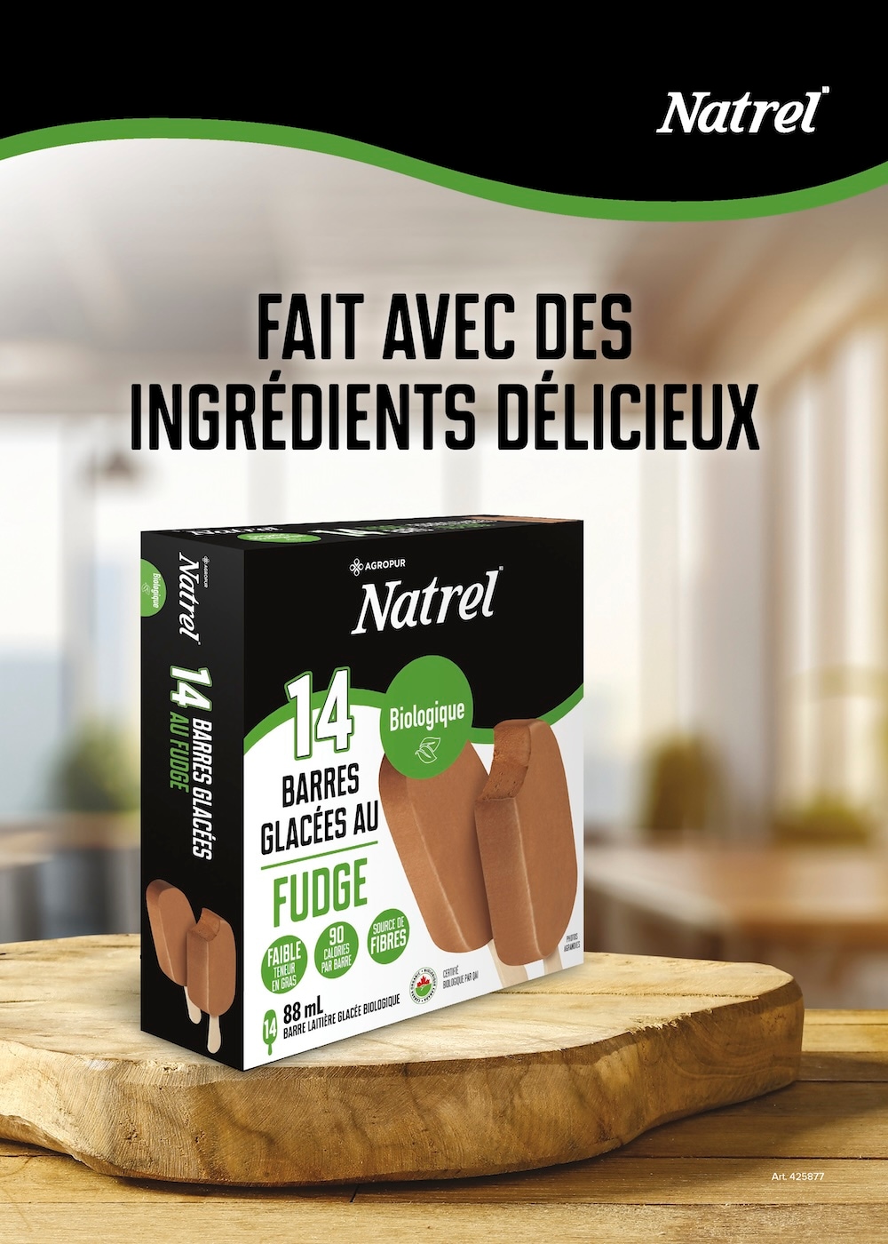 Ad for Natrel Fudge Ice Cream Bars on a wooden board in a kitchen setting