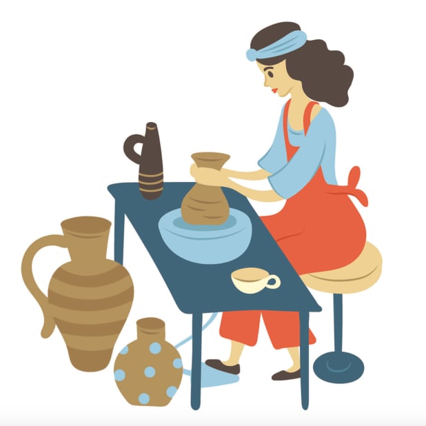 Illustration of a woman crafting pottery on a wheel, surrounded by various pots