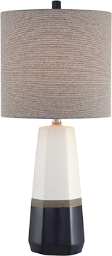 Modern table lamp with a beige and black base and a gray cylindrical shade