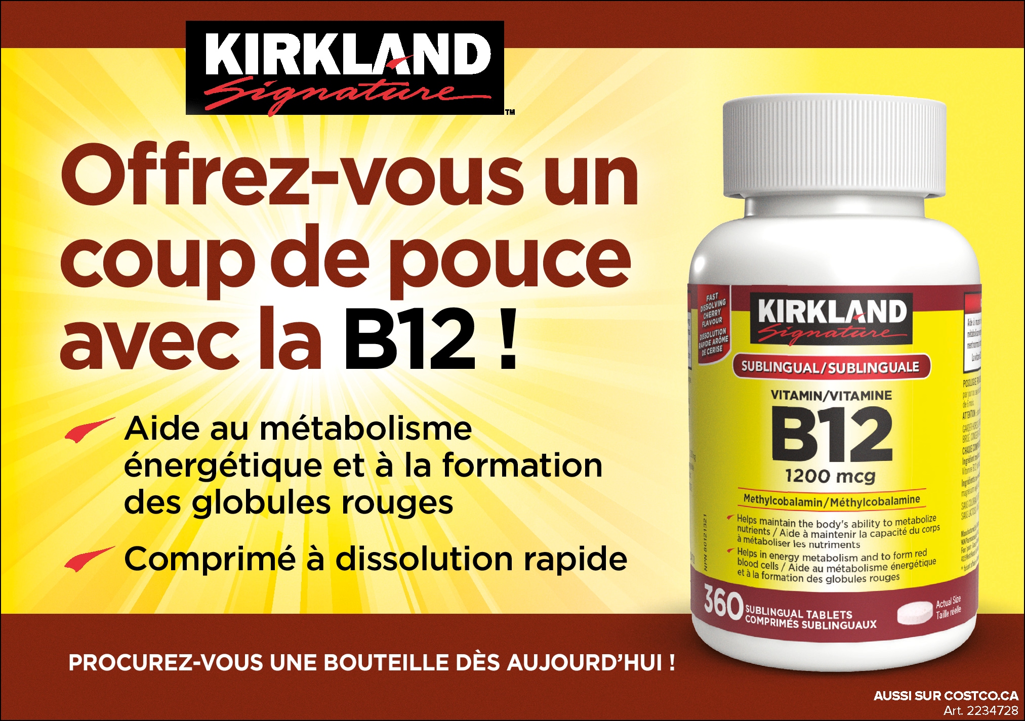 Publicité pour des comprimés de vitamine B12 Kirkland avec avantages pour le métabolisme et les globules rouges