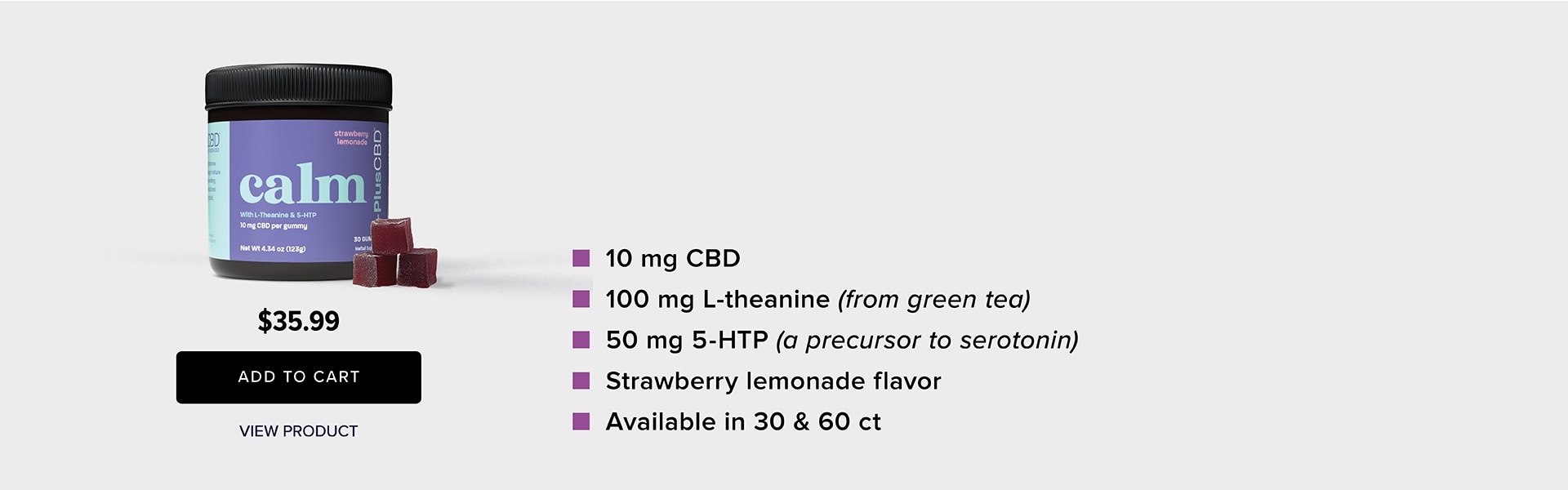 Product image of Calm CBD gummies, 300mg, blueberry lemonade flavor, priced at $35, available in the USA