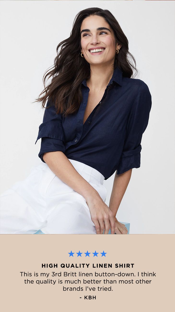 Smiling woman in a navy blue linen shirt, seated, with a customer review and star rating displayed below