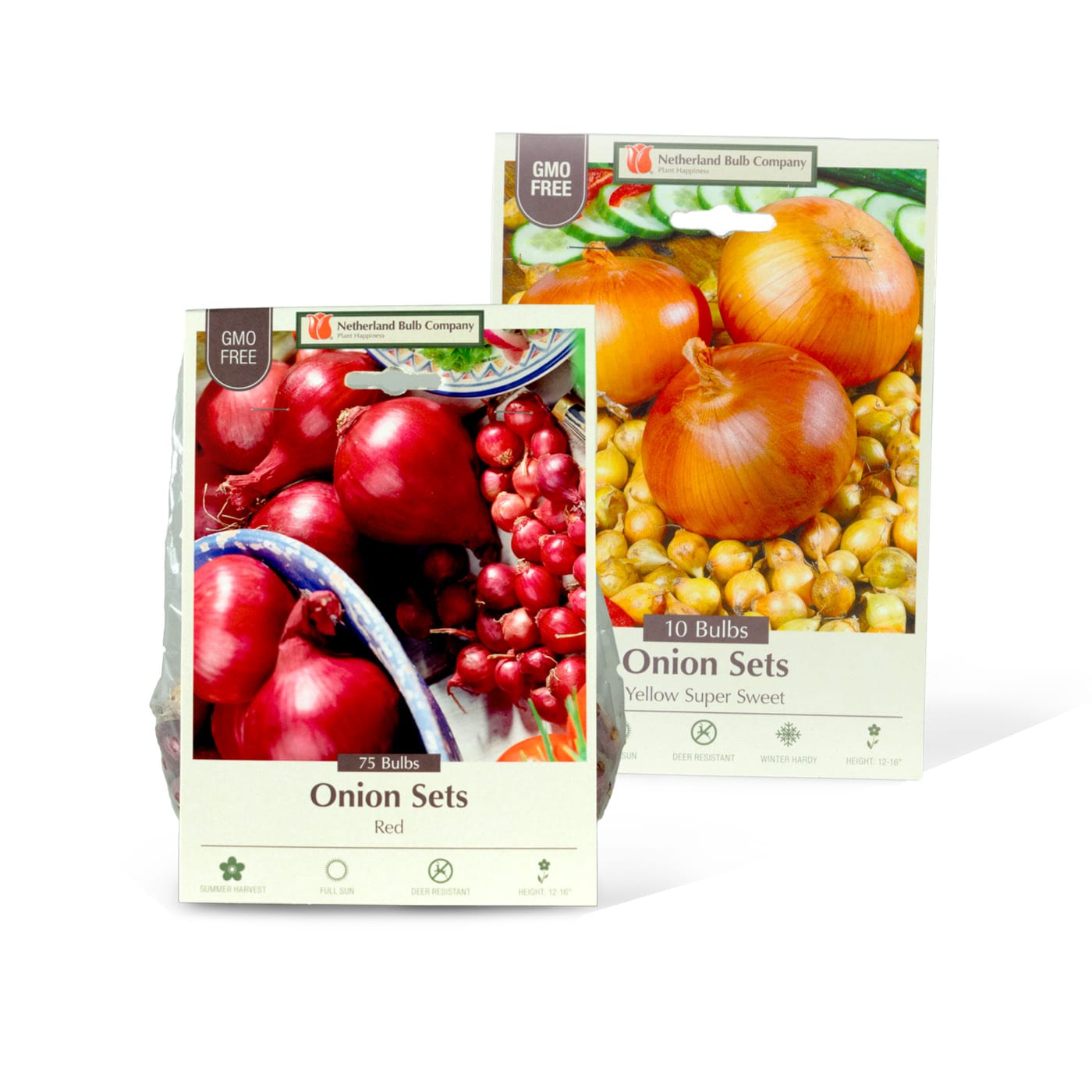 Packages of red and yellow onion sets for gardening