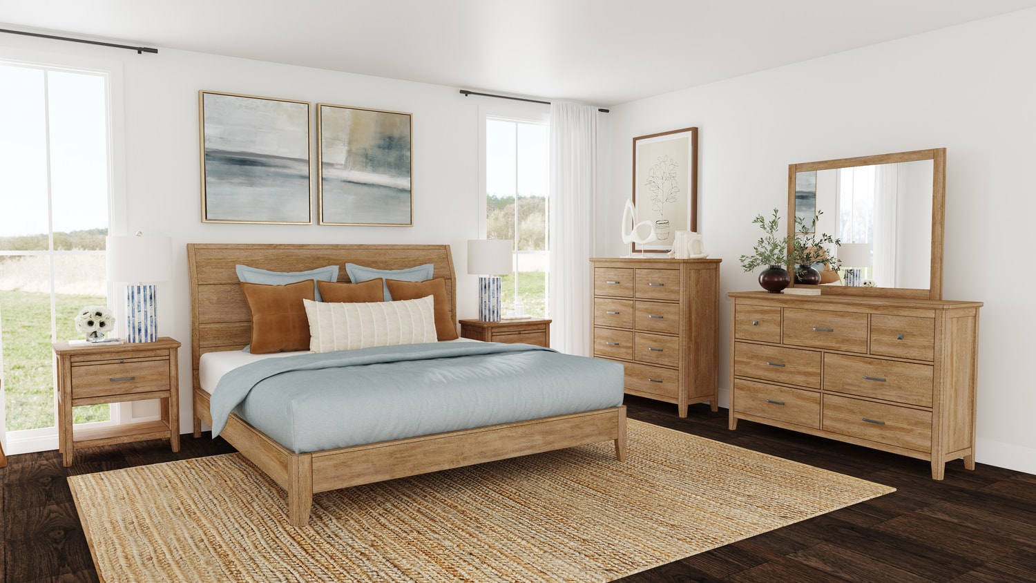 Modern bedroom with a double bed, wooden furniture, and minimalist decor