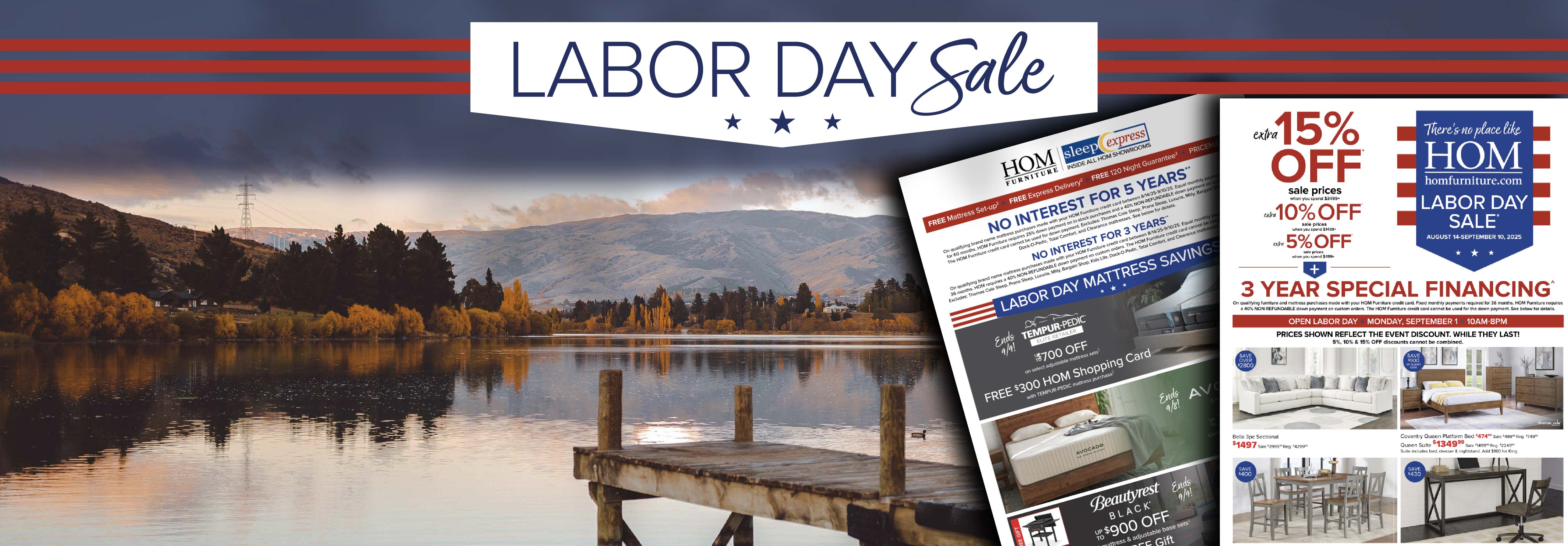Labor Day Sale banner featuring a serene lake view and discount offers