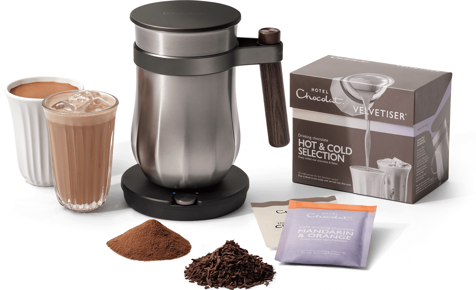 Espresso machine with coffee cups, ground coffee, and packaging
