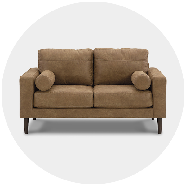 Brown two-seater sofa with cylindrical cushions and metal legs on a white background