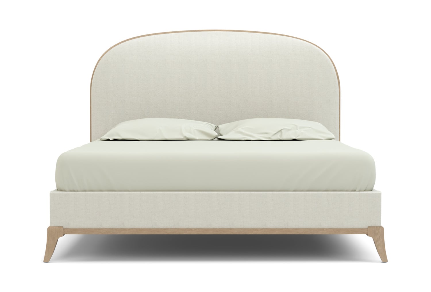 Modern white bed with cushioned headboard and wooden frame, isolated on white background