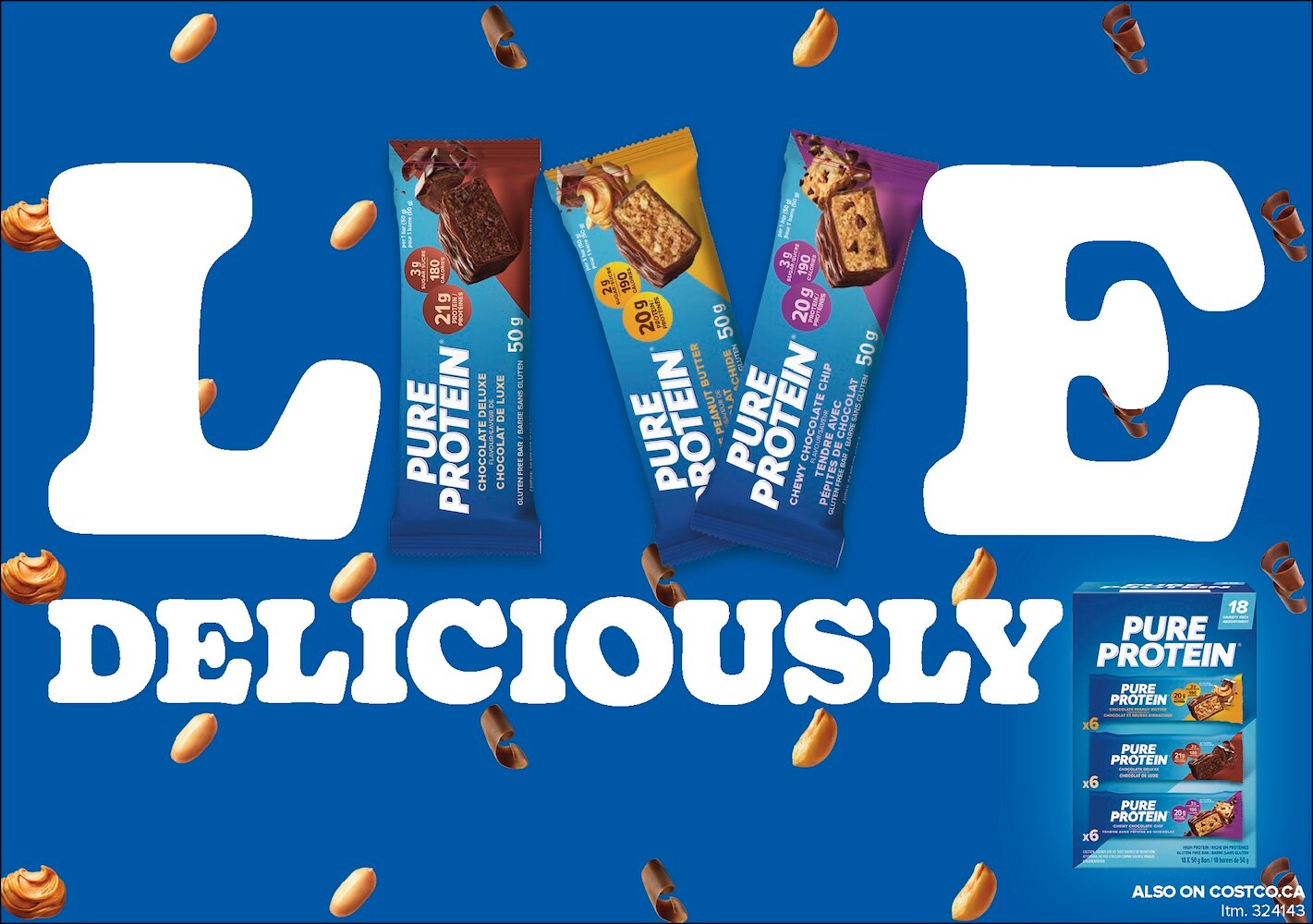 Ad for Pure Protein bars, featuring the text "LIVE DELICIOUSLY" with various flavored bars and almonds on a blue background