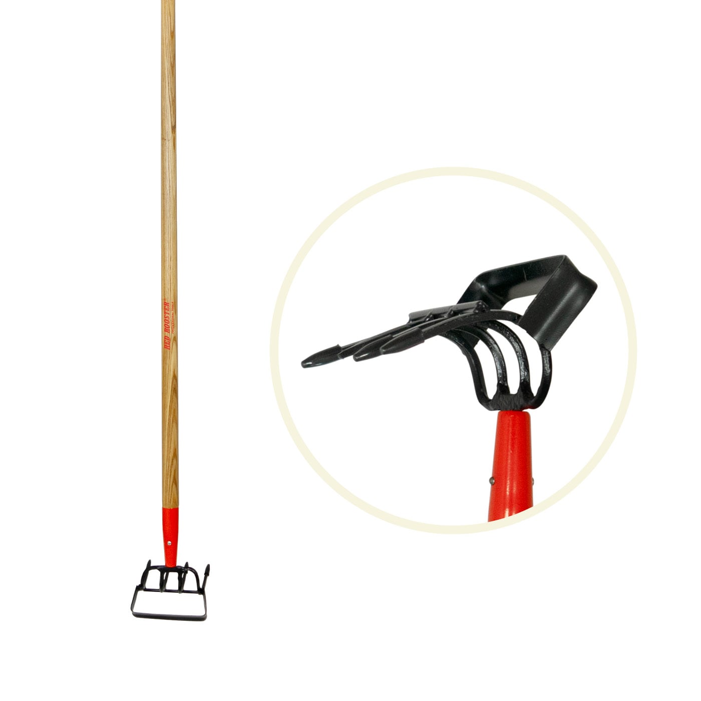 A wooden cultivator weeder head with an inset of closer detail.