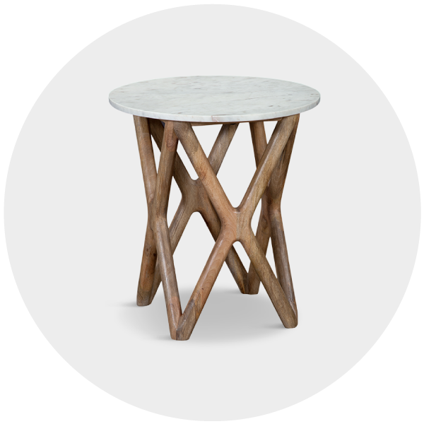 Round marble-top side table with crisscross wooden base