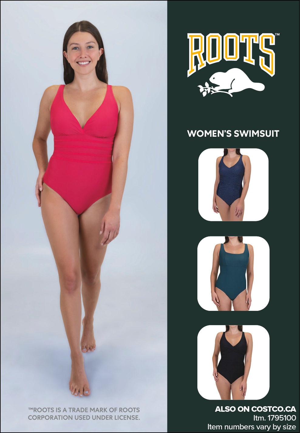 Ad for Roots women's swimsuits showing a model in a red swimsuit and options in navy and black. Also available on Costco.ca