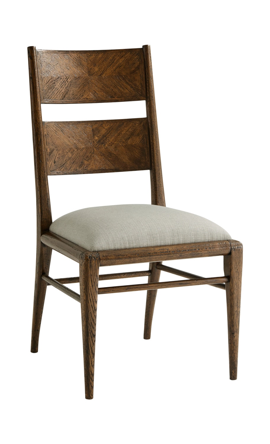 A wooden dining chair with a light cushioned seat and dark stained finish