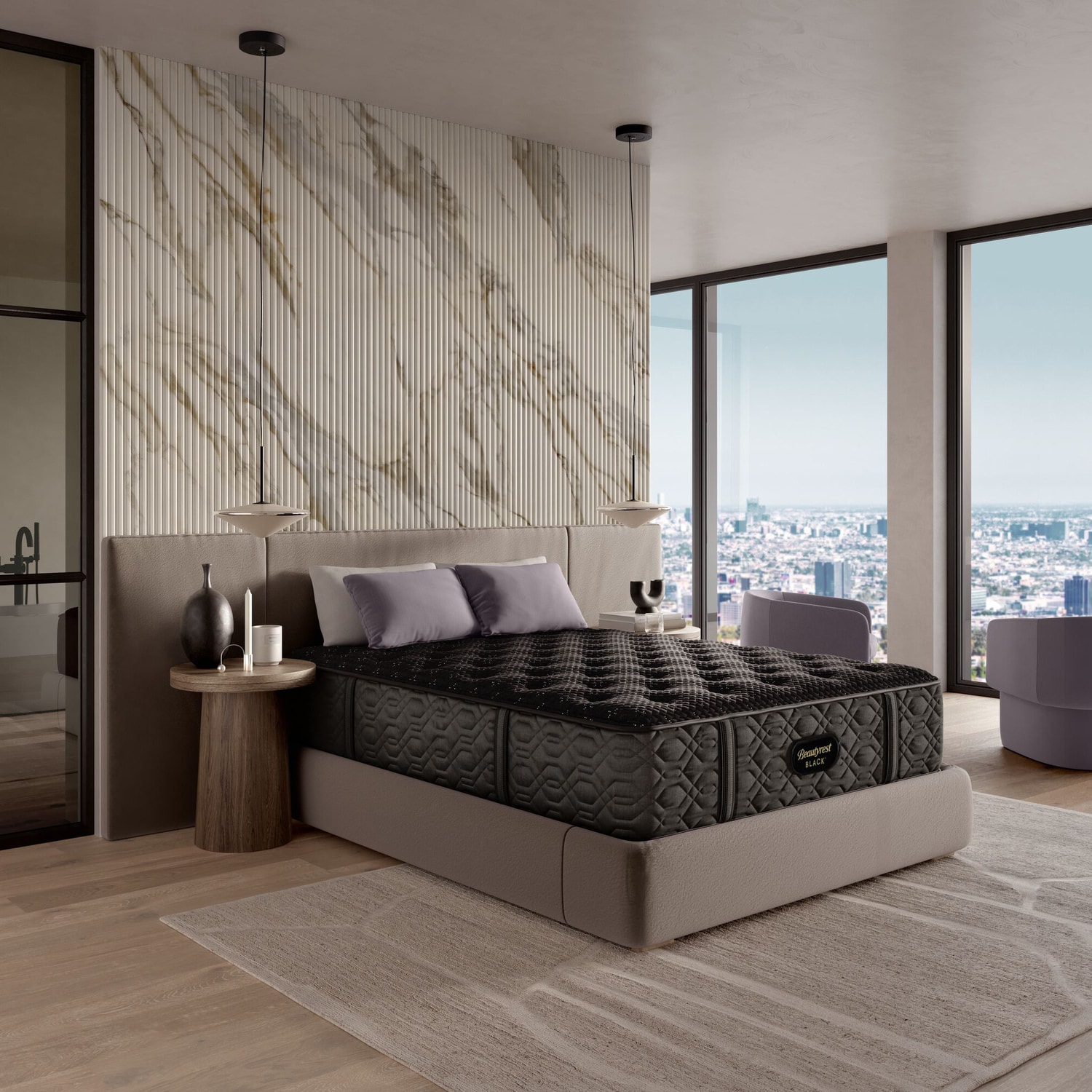 Modern bedroom with marble wall, large bed, and city view through floor-to-ceiling windows