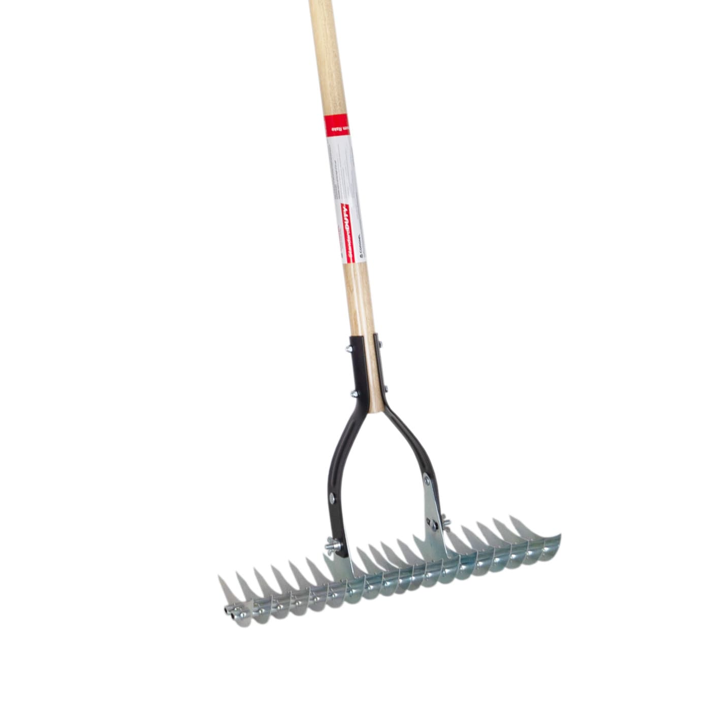 Garden rake with a wooden handle and metal tines on a white background