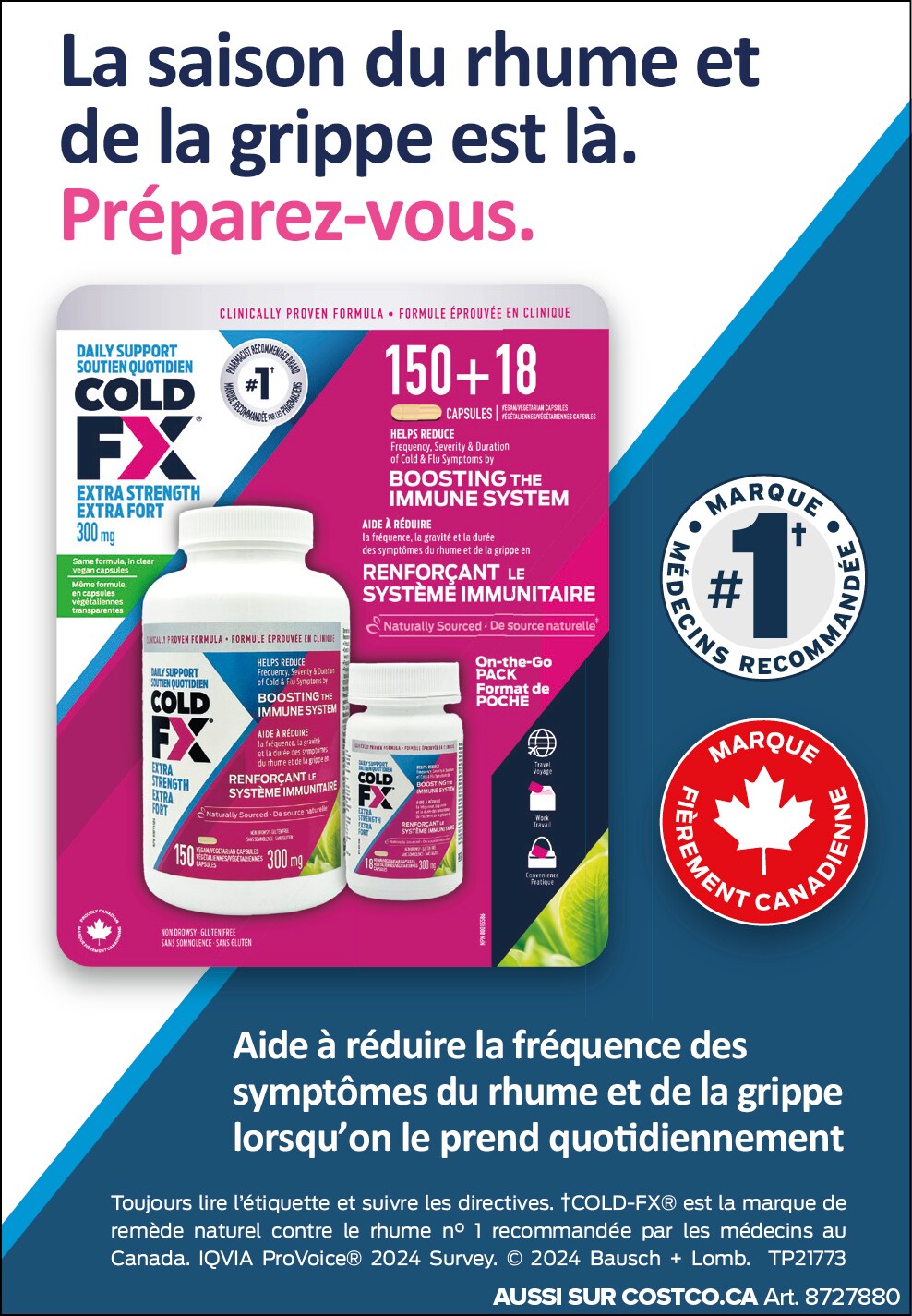 Publicité pour Cold-FX, complément pour renforcer le système immunitaire, en vue de la saison de rhume et grippe