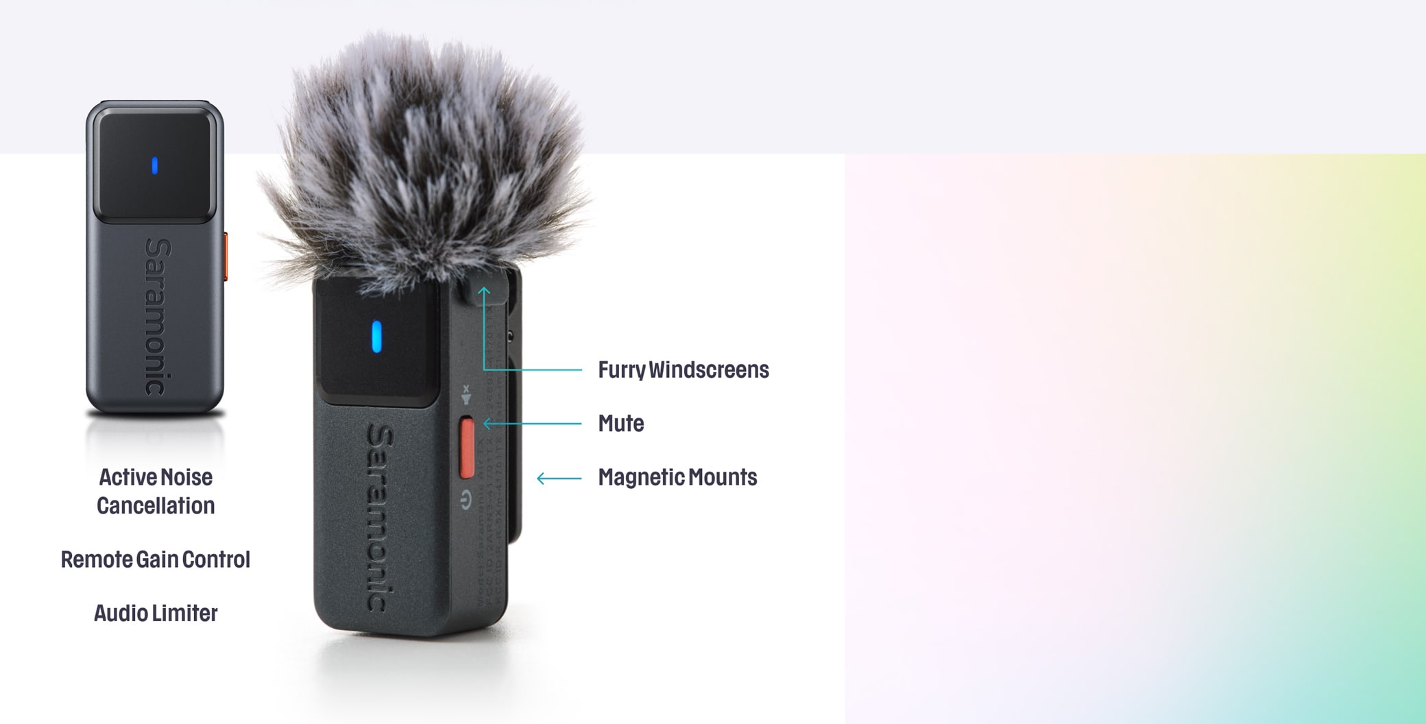 Portable audio recorder with external microphone displayed with key features annotated